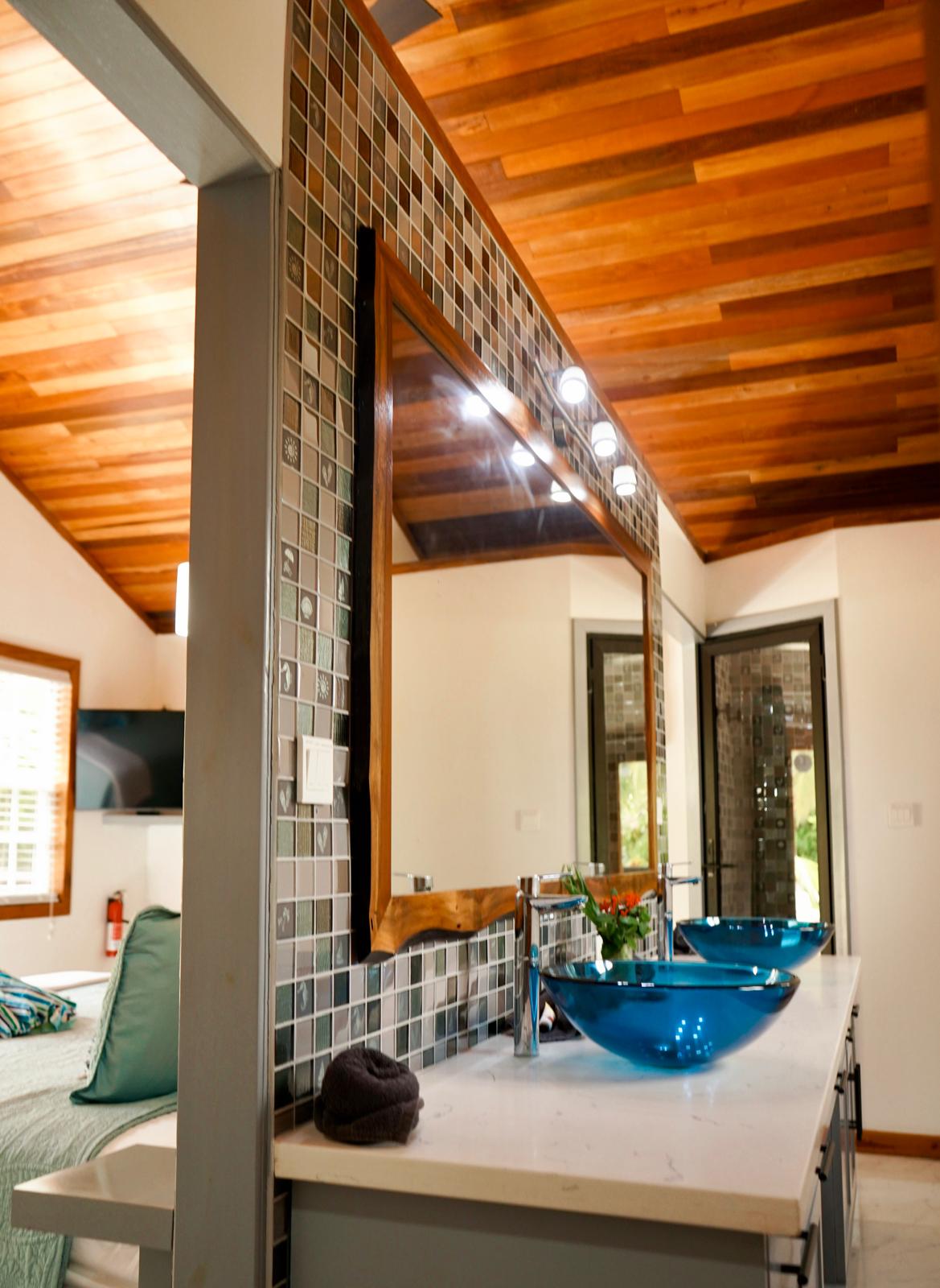 Double vanity in casita, shower in the background