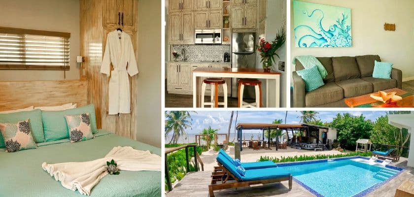 Beach villa steps from the pool at Mangata Villas, with bedroom, kitchen, and living room views on Ambergris Caye