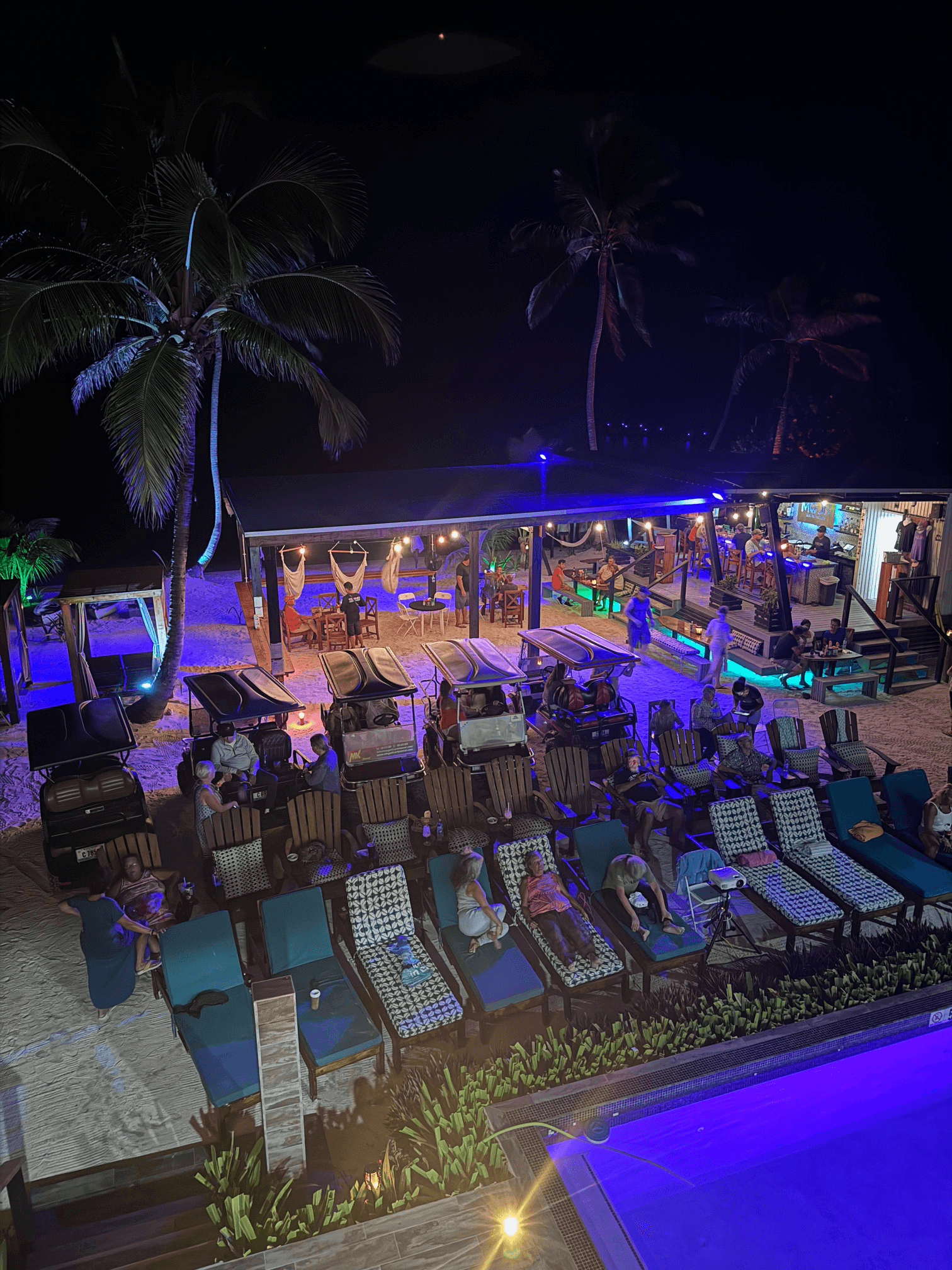 A vibrant beachside venue at night with palm trees, lounge chairs, and colorful lights.