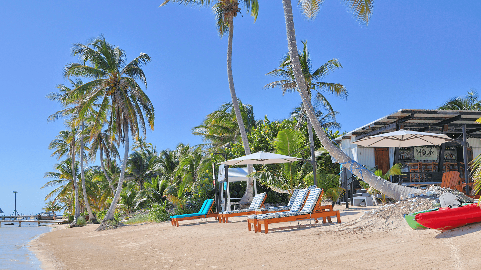 A sunny beach scene with palm trees, lounging chairs, and a small beachfront bar.