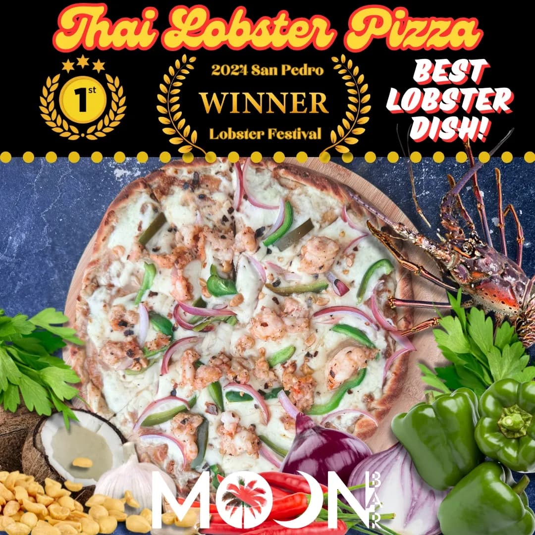 A delicious Thai lobster pizza, adorned with fresh ingredients and highlighted as the winner of the 2021 San Pedro Lobster Festival.