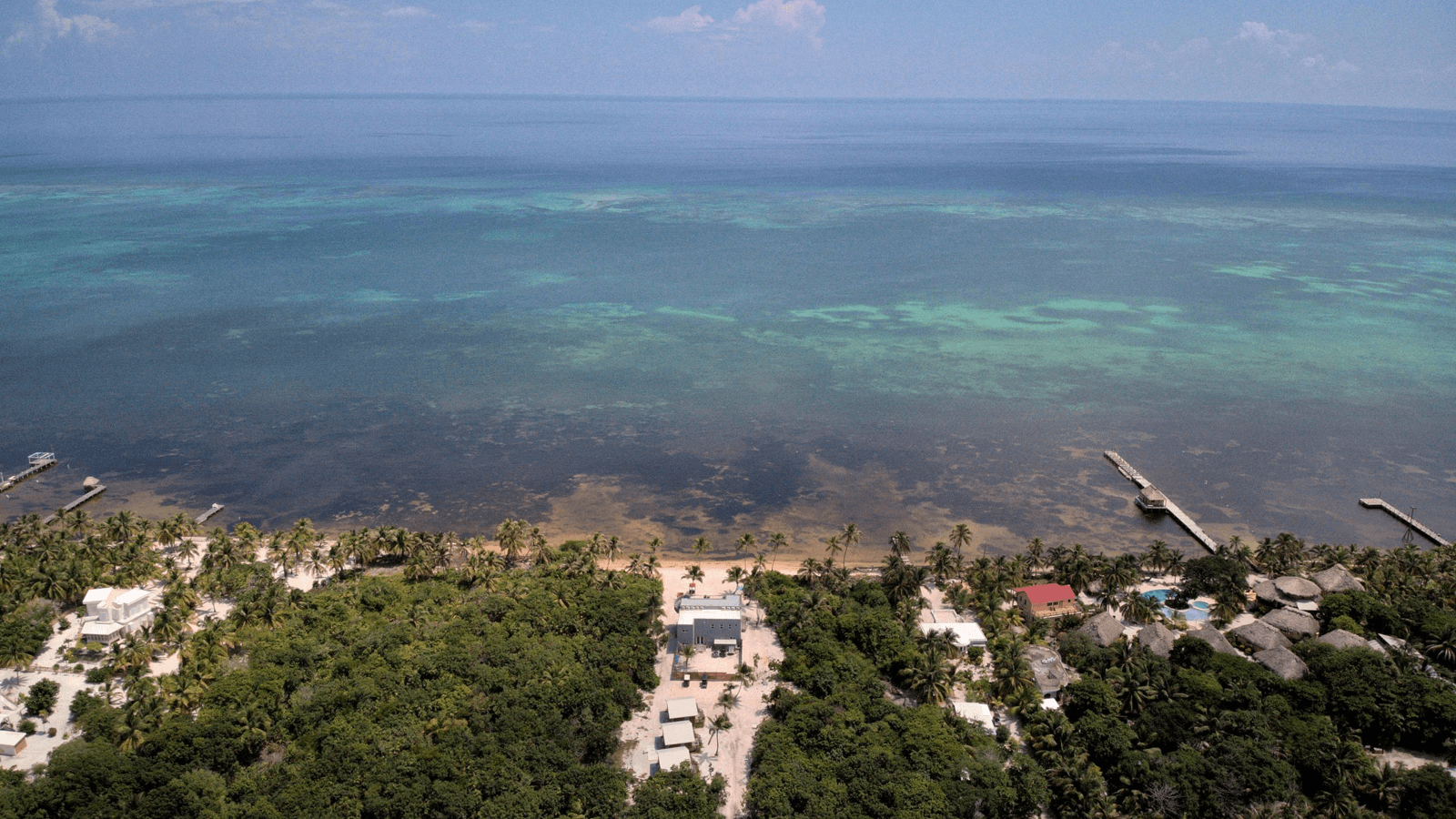 Aerial view of a tropical coastline with lush greenery, scattered houses, and a calm, turquoise sea extending to the horizon under a clear sky. Peaceful and serene atmosphere.